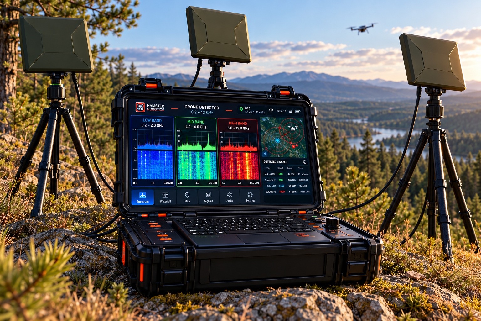 Portable Drone Detection System with three field antennas